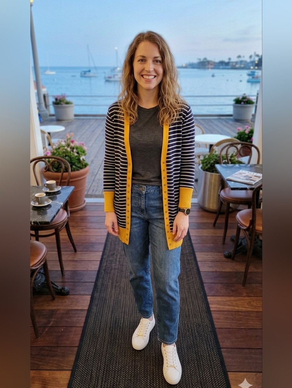 Navy and White Long Striped Cardigan with Yellow Trim